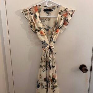 Floral Cream Tie-Waist Ruffle Sleeve Dress